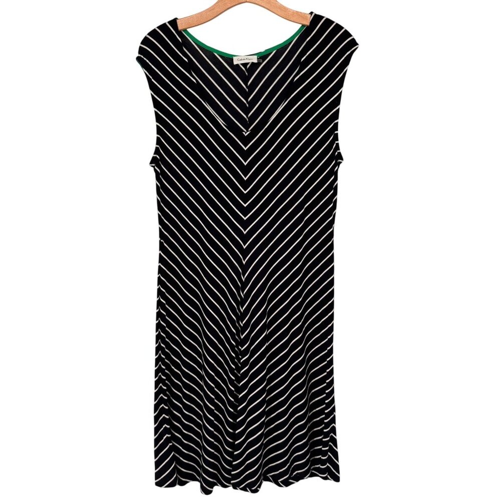 Calvin Klein Womens Black Striped Sleeveless knit Dress Size 14 Rayon Blend
